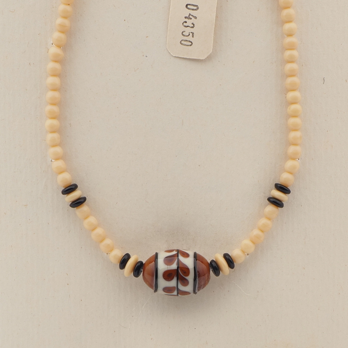 Vintage Czech necklace beige feather marble lampwork glass beads 