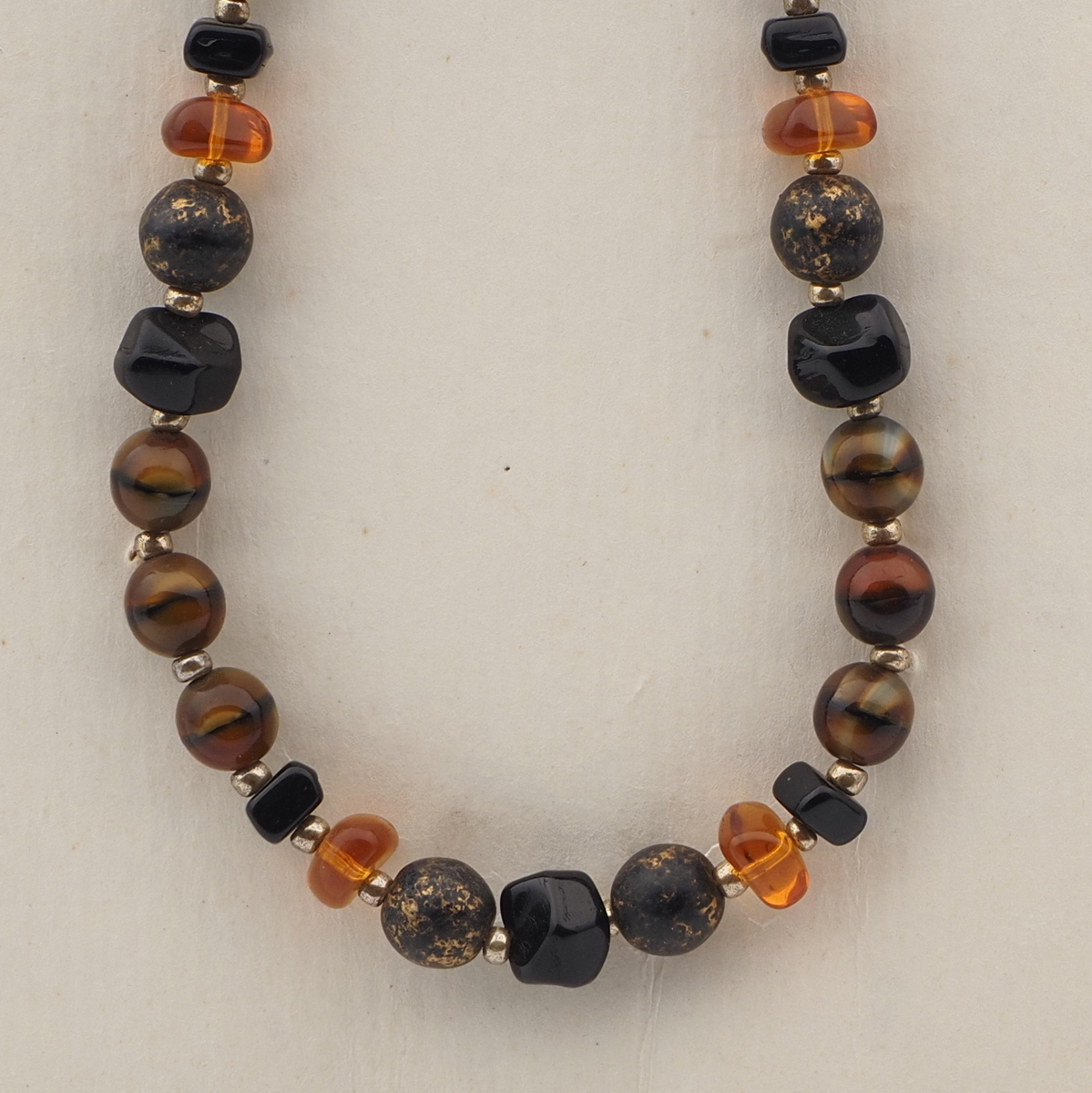 Vintage Czech necklace brown marble black topaz glass beads