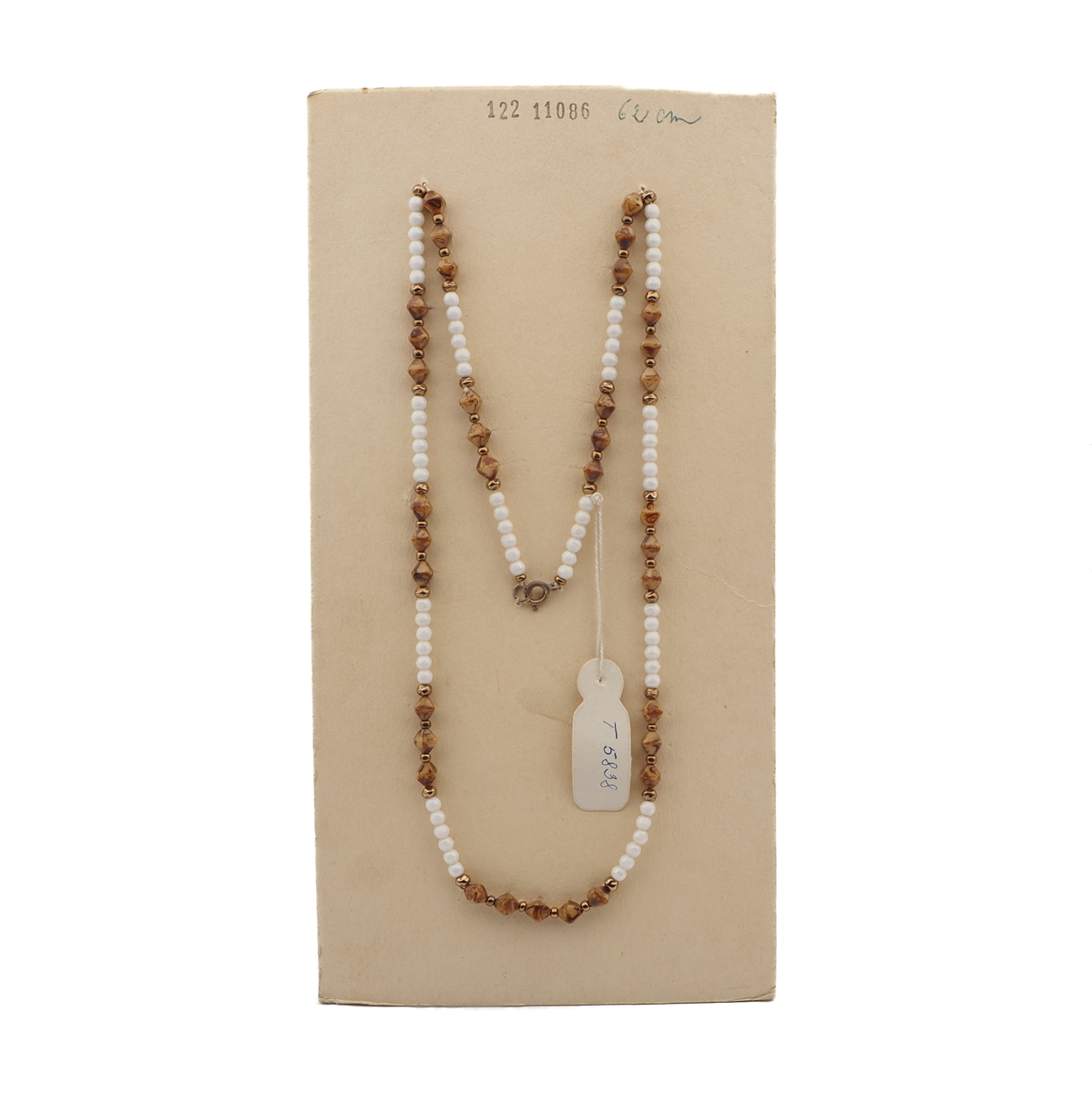 Vintage Czech necklace white brown marble bronze glass beads 
