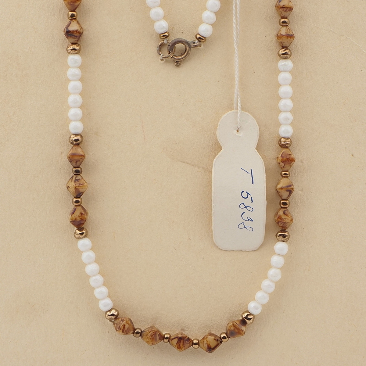Vintage Czech necklace white brown marble bronze glass beads 