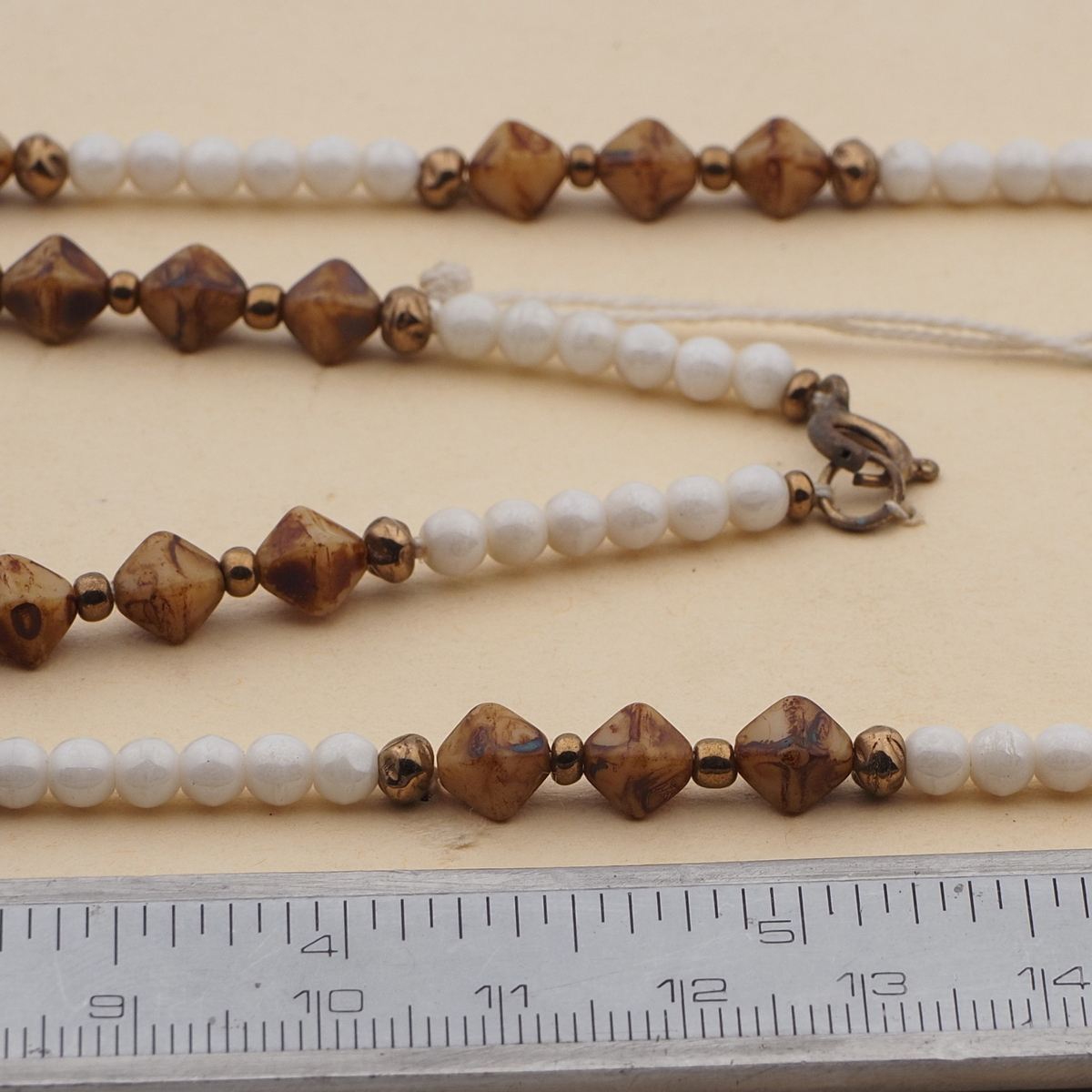Vintage Czech necklace white brown marble bronze glass beads 