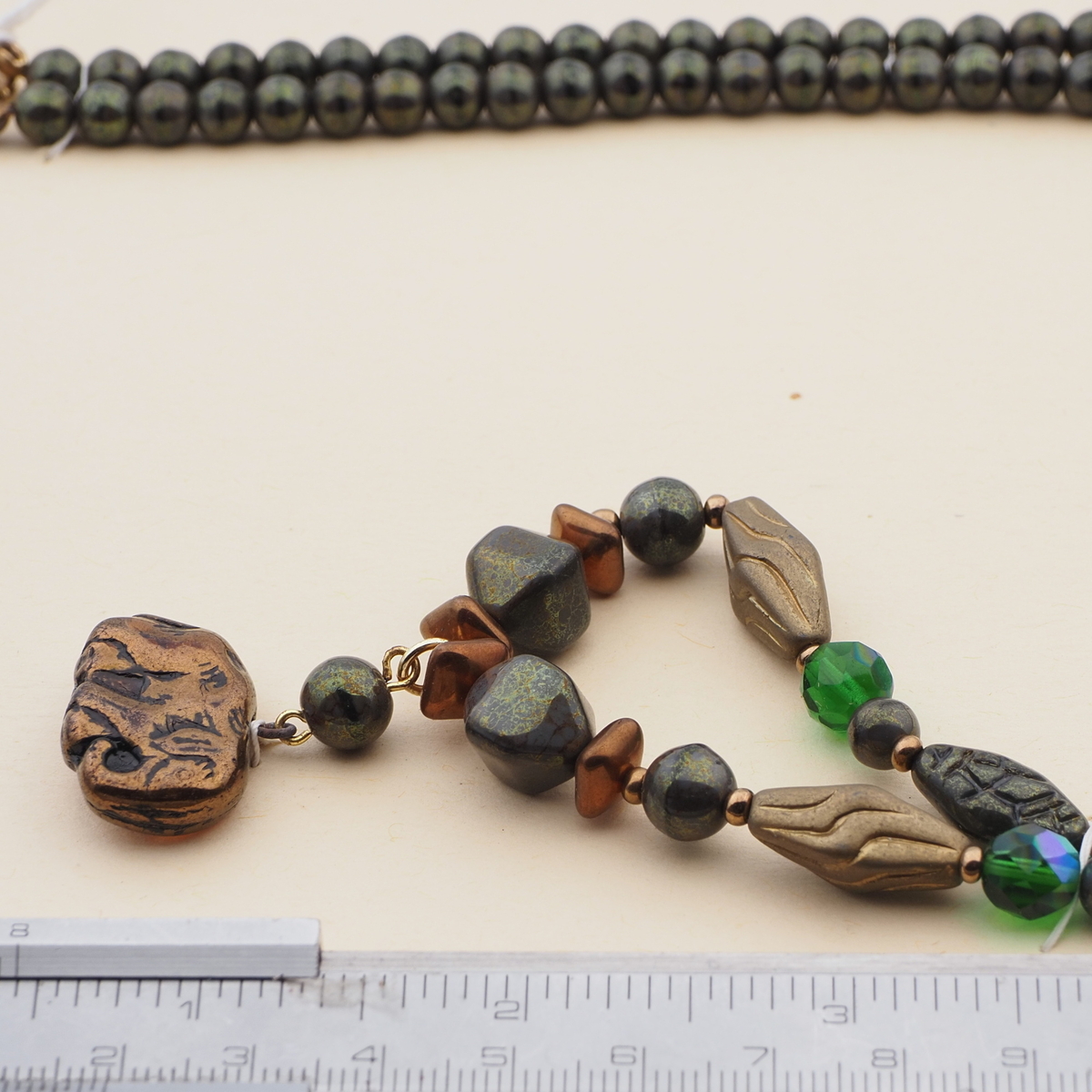 Vintage Czech necklace metallic Egyptian revival Elephant pendant glass beads 
