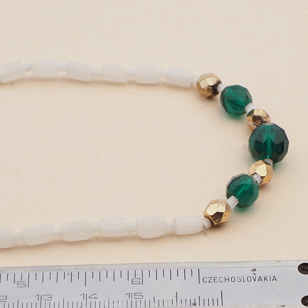 Vintage Czech necklace satin atlas green gold glass beads 