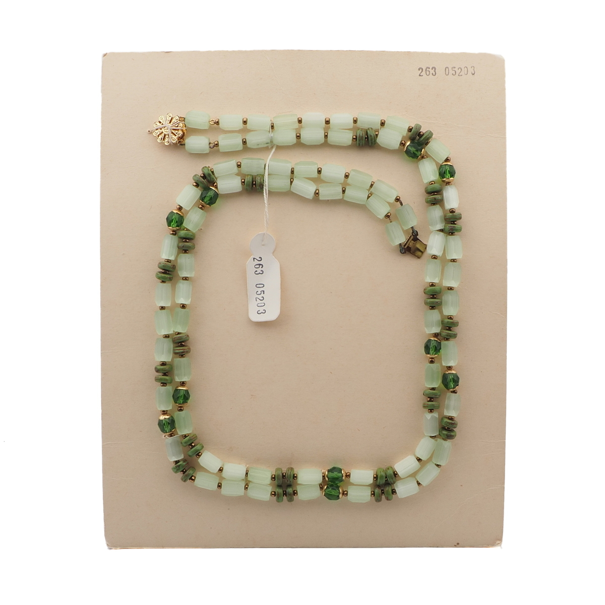 Vintage Czech 2 strand necklace satin atlas green marble glass beads 