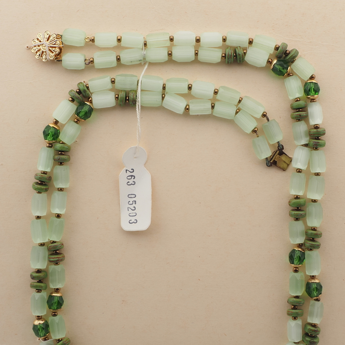 Vintage Czech 2 strand necklace satin atlas green marble glass beads 