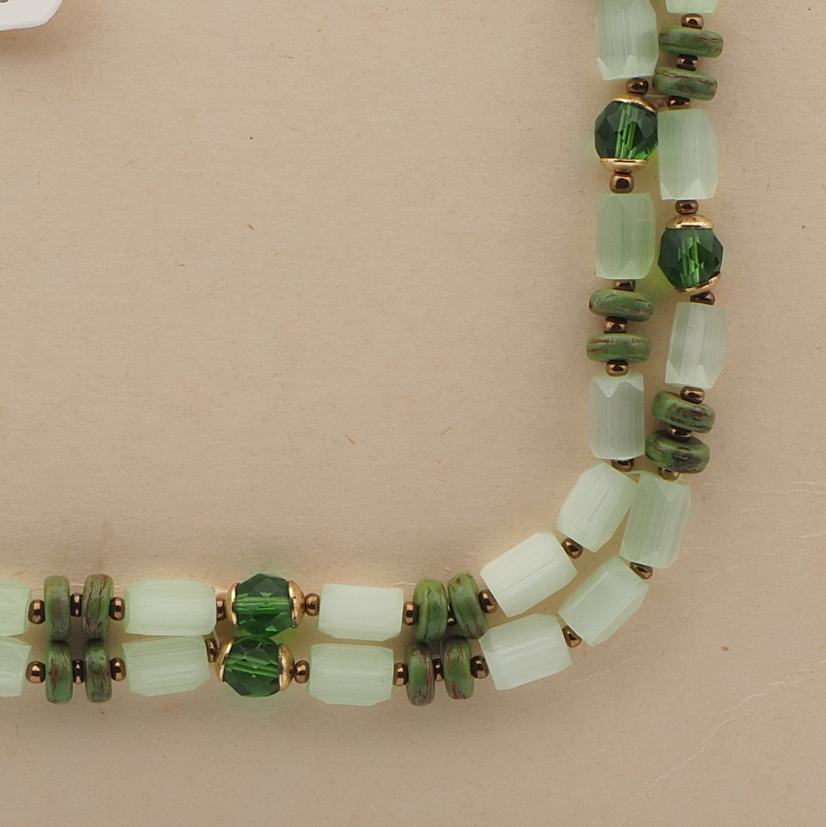 Vintage Czech 2 strand necklace satin atlas green marble glass beads 