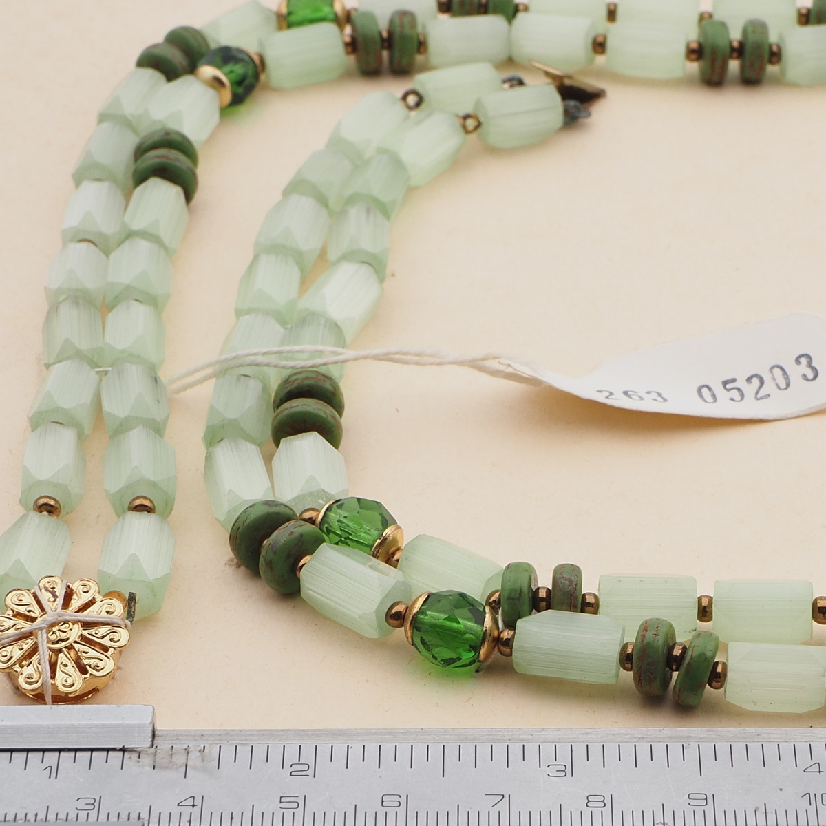 Vintage Czech 2 strand necklace satin atlas green marble glass beads 