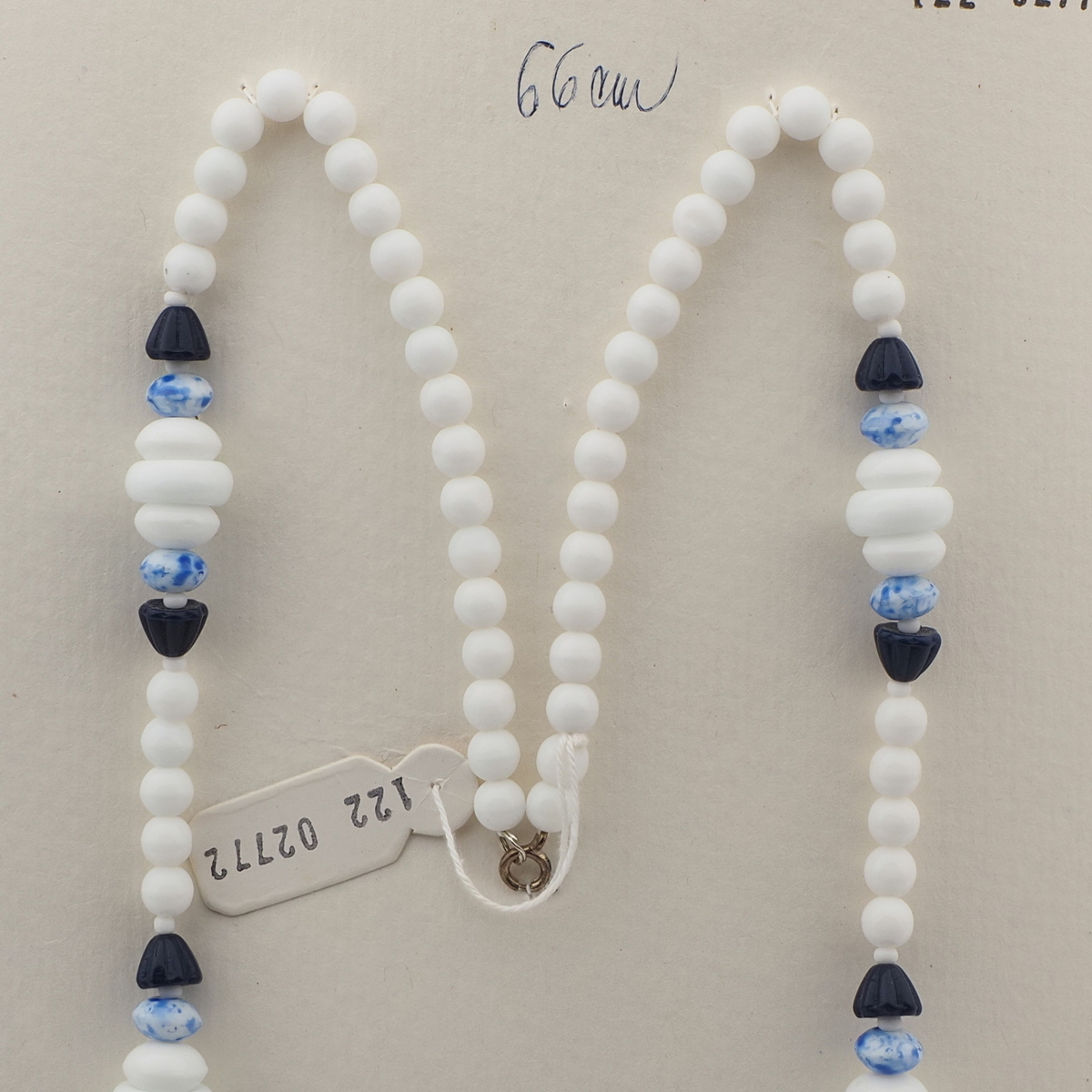 Vintage Czech necklace white blue marble glass beads 26"
