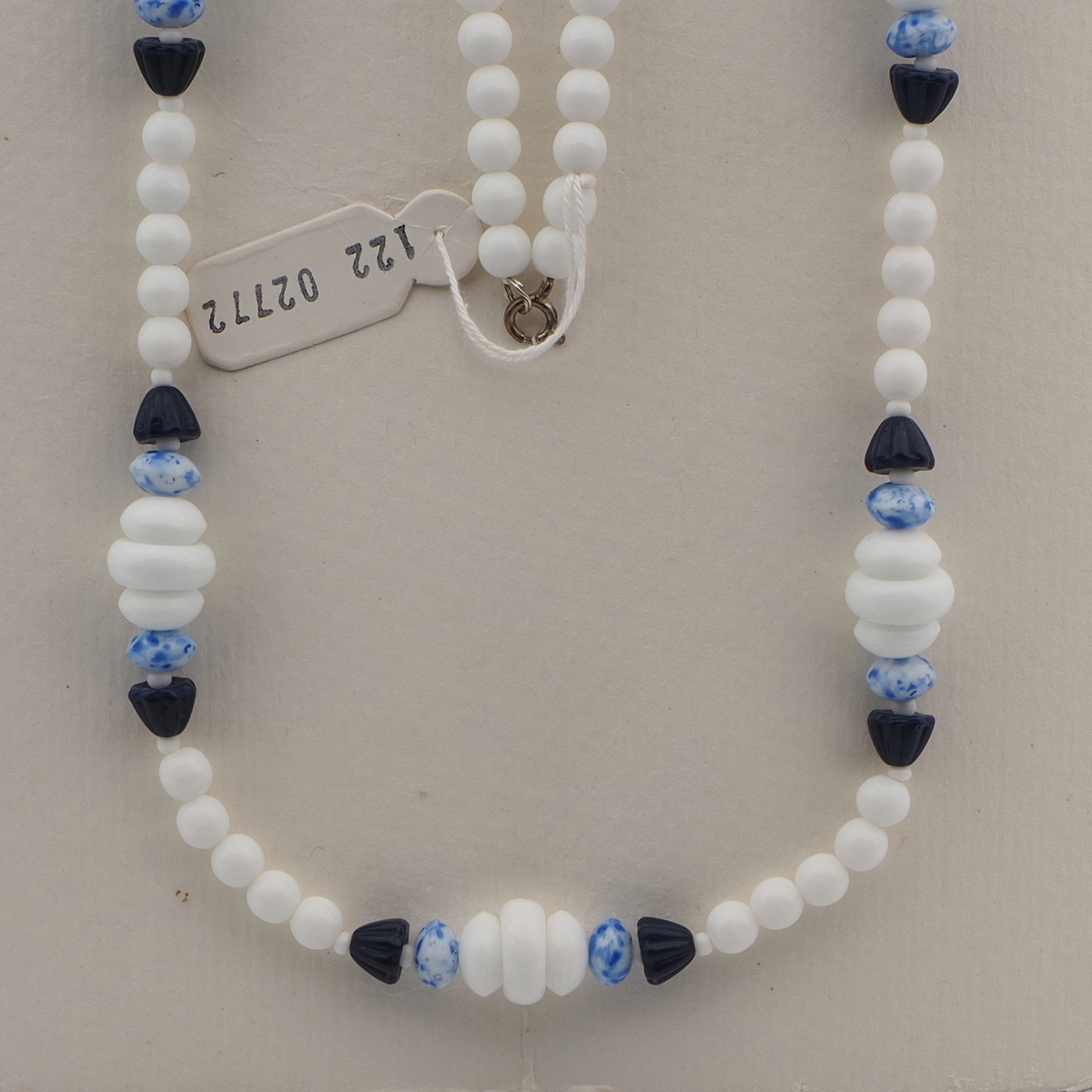 Vintage Czech necklace white blue marble glass beads 26"