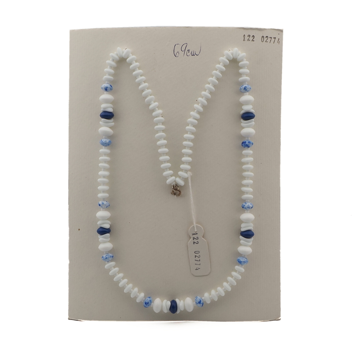 Vintage Czech necklace white blue marble glass beads 27"