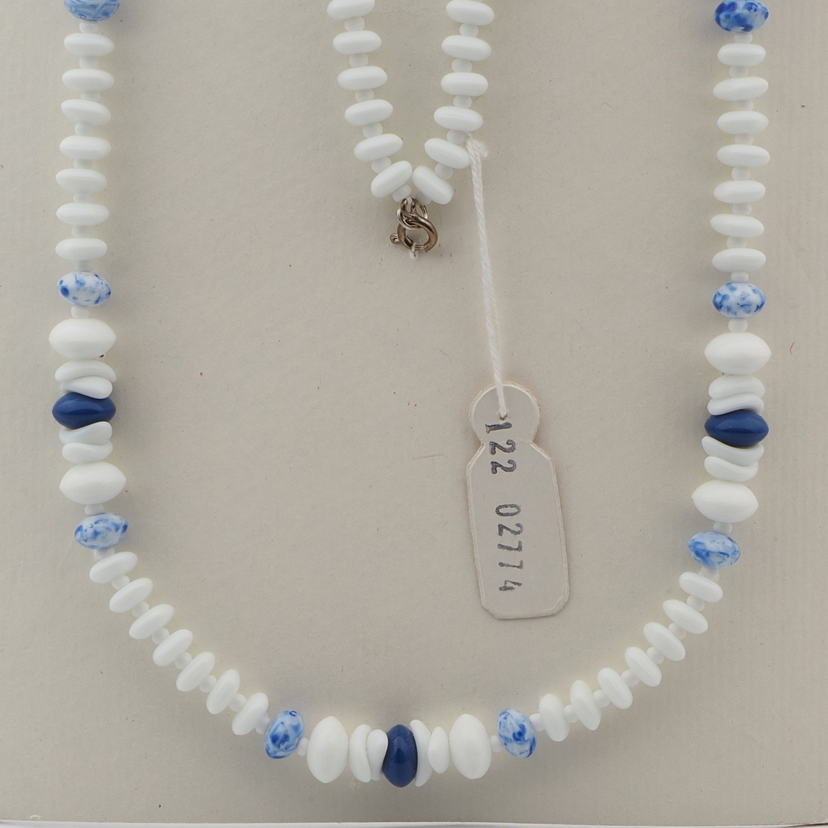 Vintage Czech necklace white blue marble glass beads 27"