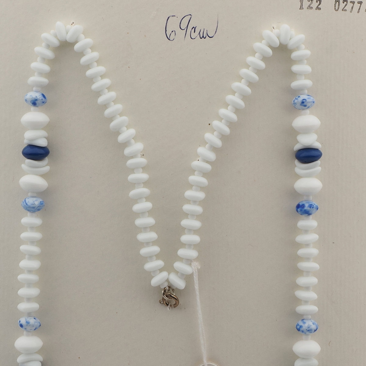 Vintage Czech necklace white blue marble glass beads 27"