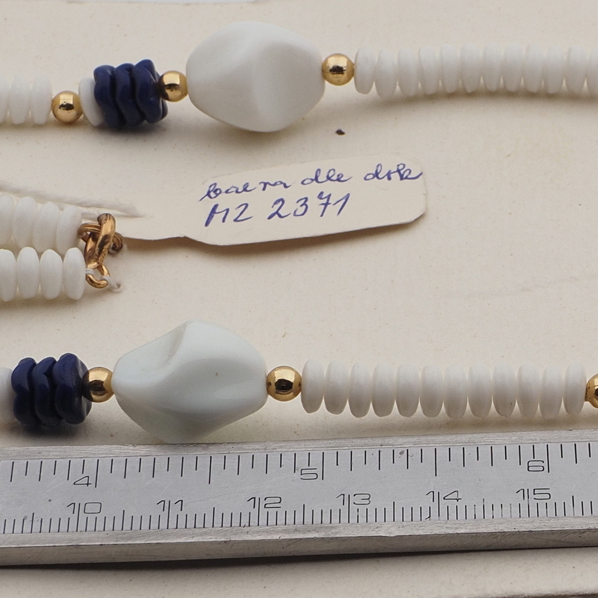 Vintage Czech necklace white blue glass beads 24"