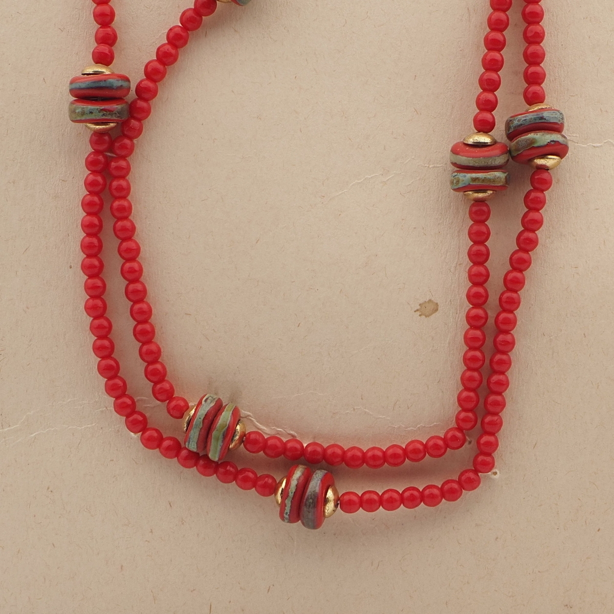 Vintage Czech necklace red marble rondelle glass beads 36"