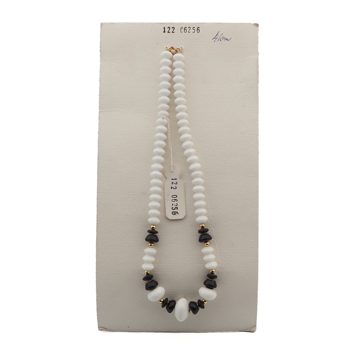Vintage Czech necklace black white rondelle glass beads 16"