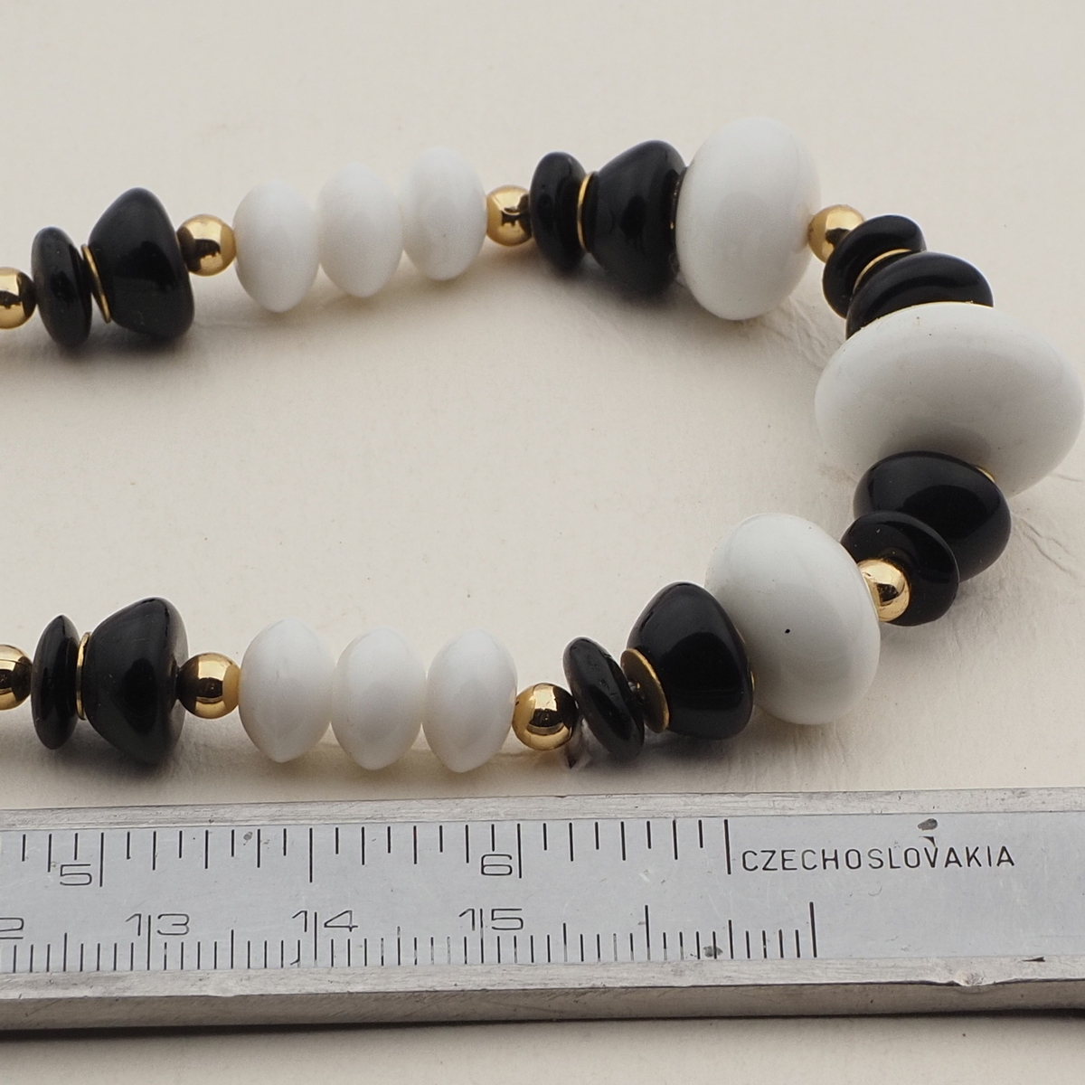 Vintage Czech necklace black white rondelle glass beads 16"