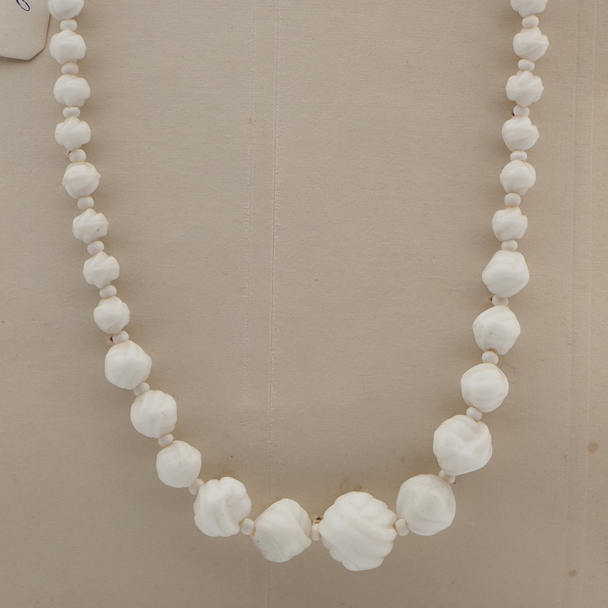 Vintage Czech necklace element white wool knot glass beads 19"