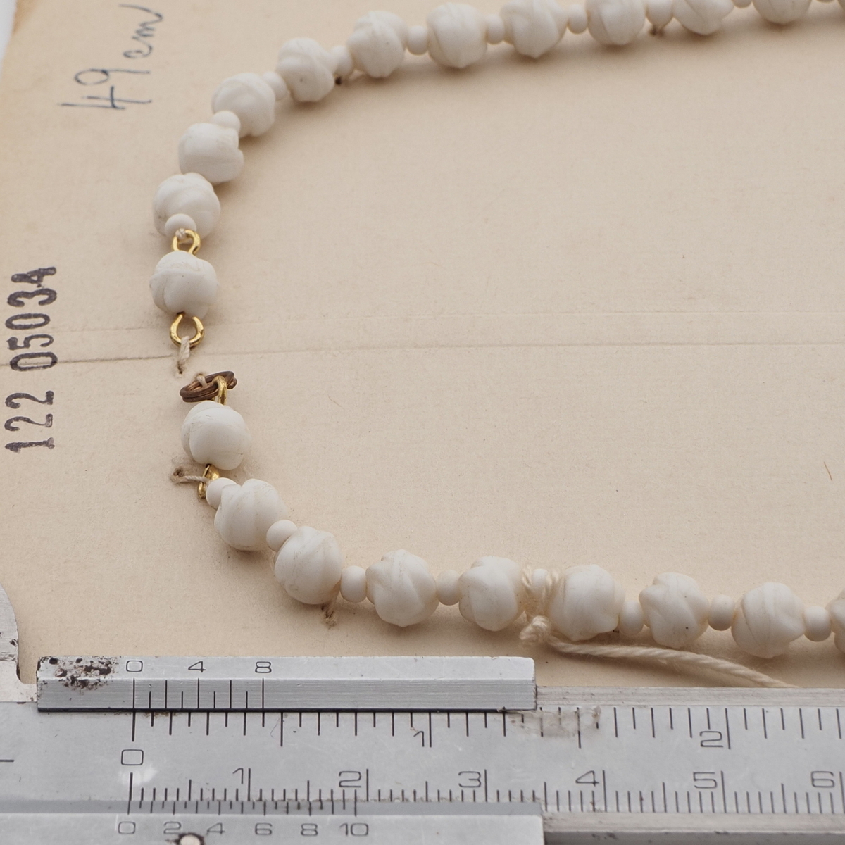 Vintage Czech necklace element white wool knot glass beads 19"