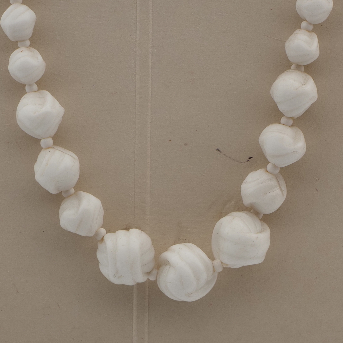 Vintage Czech necklace element white wool knot glass beads 24"