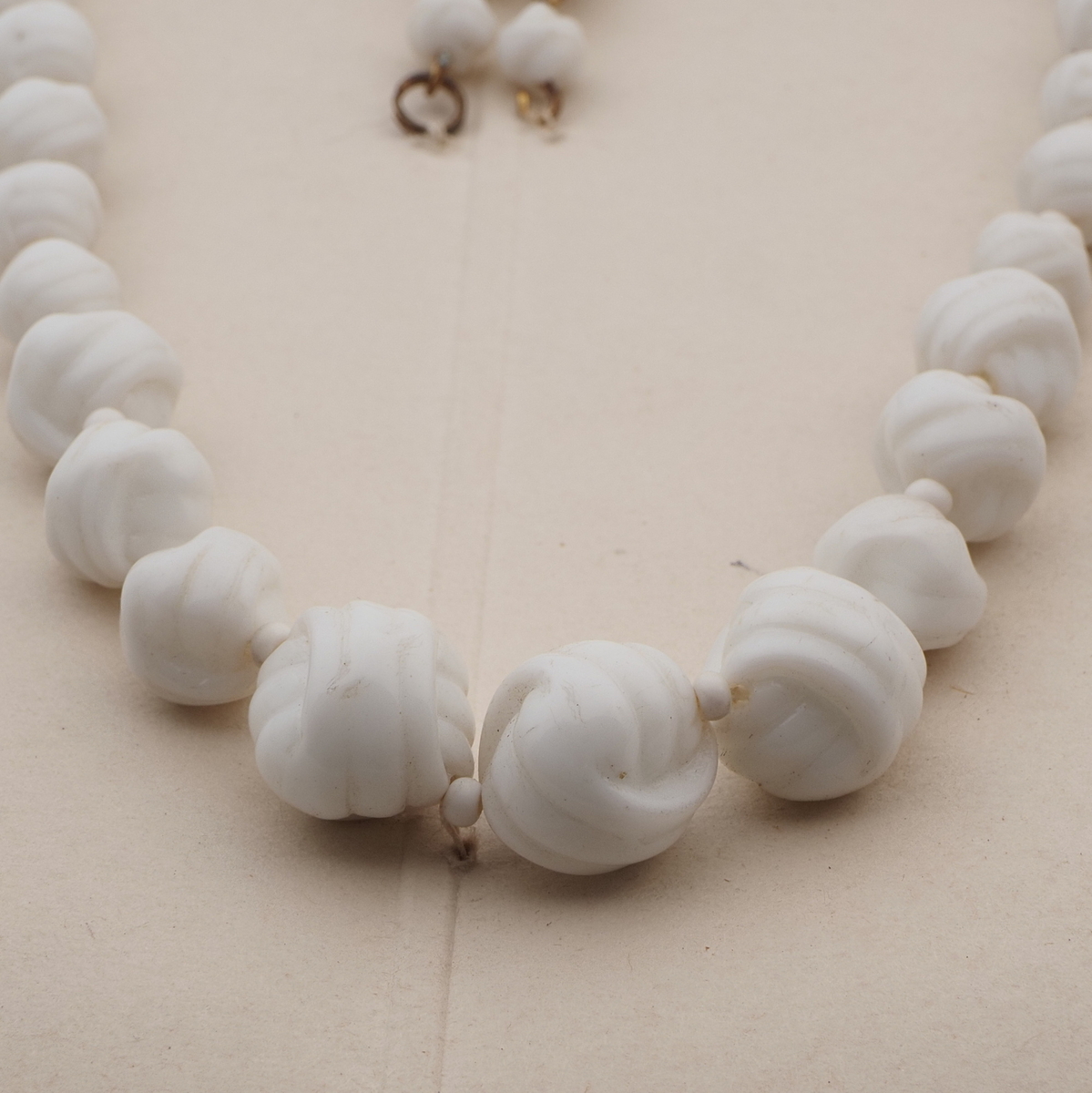 Vintage Czech necklace element white wool knot glass beads 24"