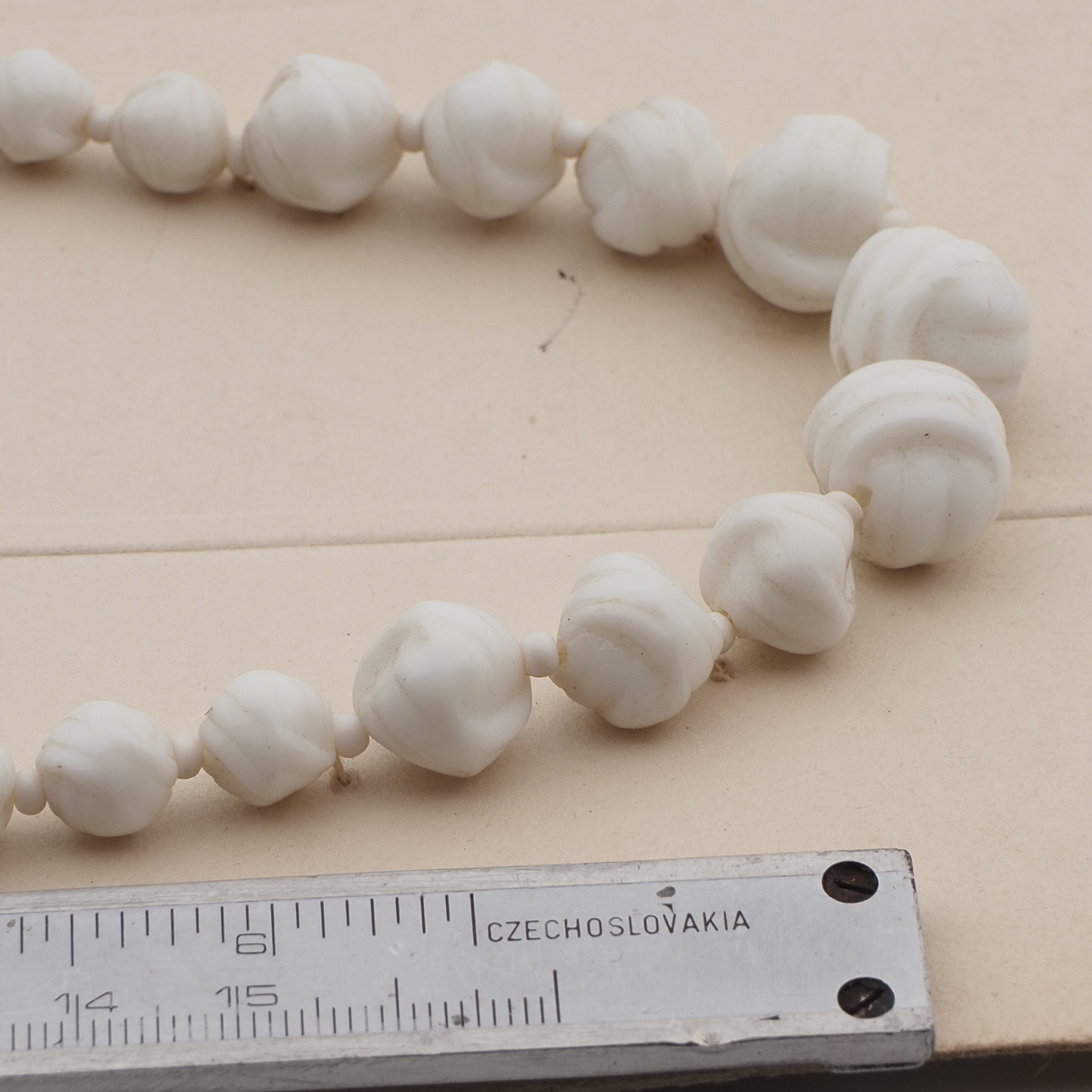Vintage Czech necklace element white wool knot glass beads 24"