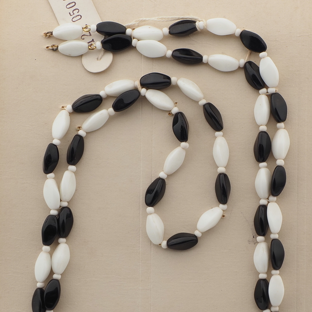 Vintage Czech necklace element white black triangle glass beads 48"