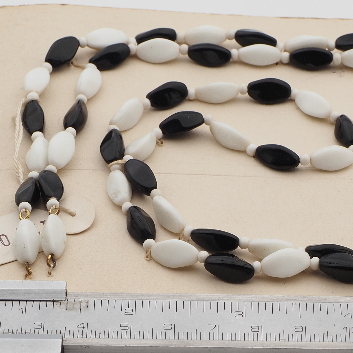 Vintage Czech necklace element white black triangle glass beads 48"
