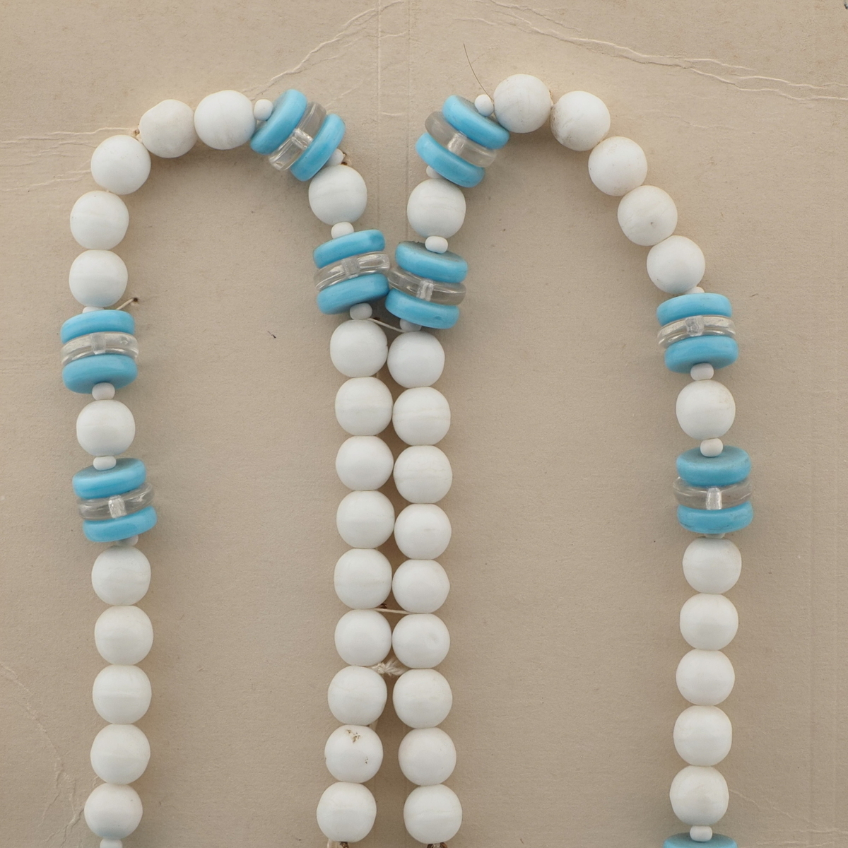 Vintage Czech necklace element white blue clear glass beads 26"