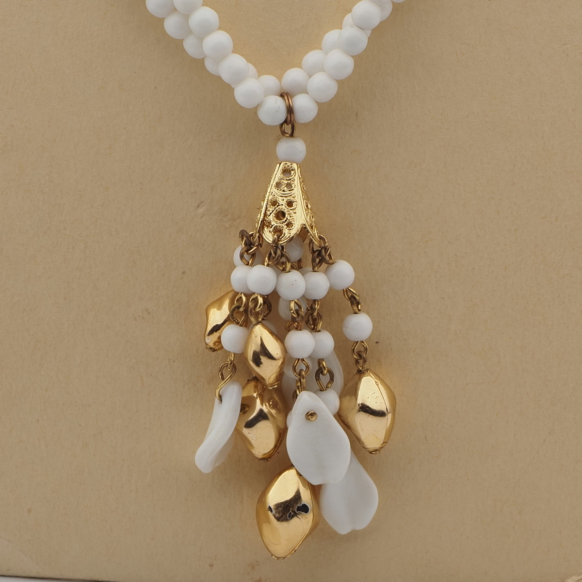 Vintage Czech 2 strand tassle necklace white glass beads 