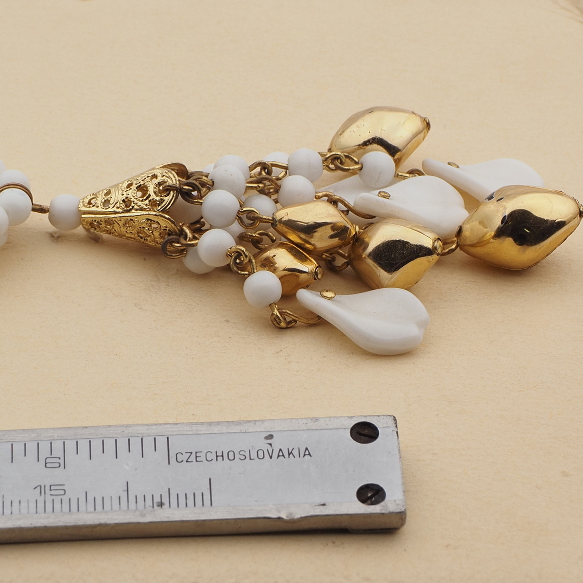 Vintage Czech 2 strand tassle necklace white glass beads 