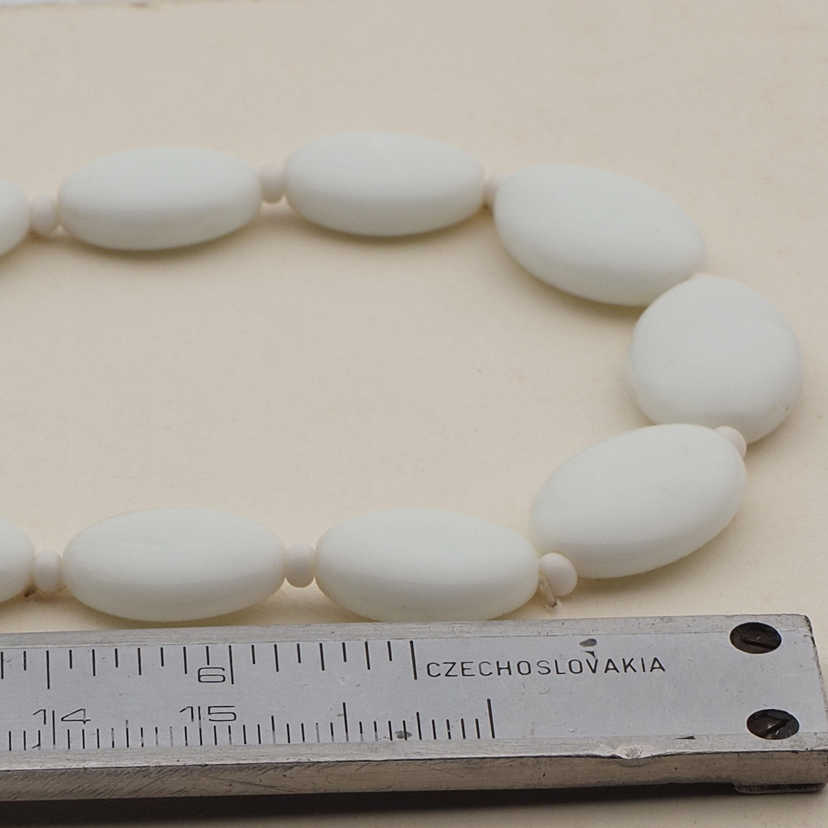 Vintage Czech necklace white oval glass beads 15"