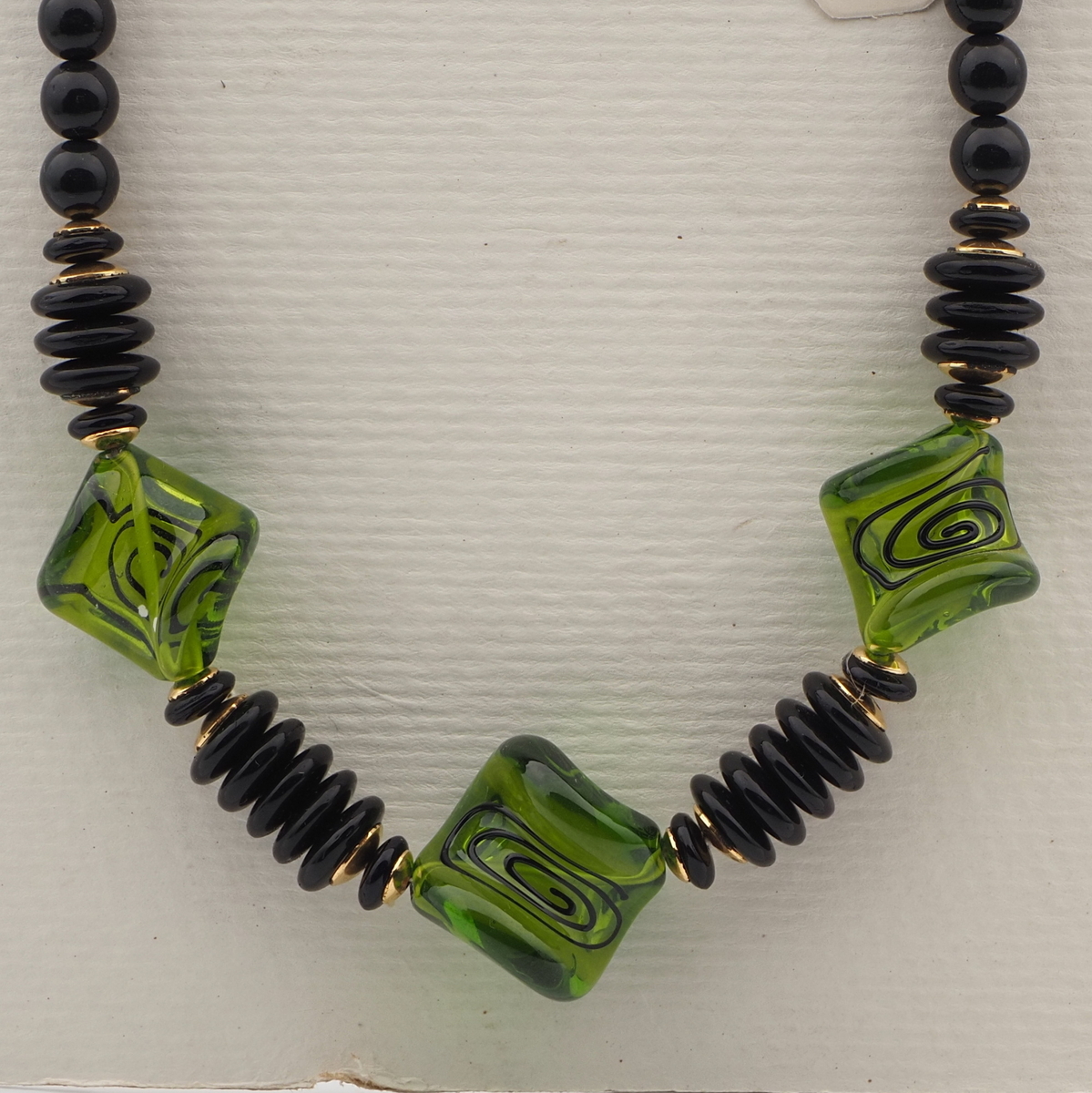 Vintage Czech necklace black green lampwork glass beads 