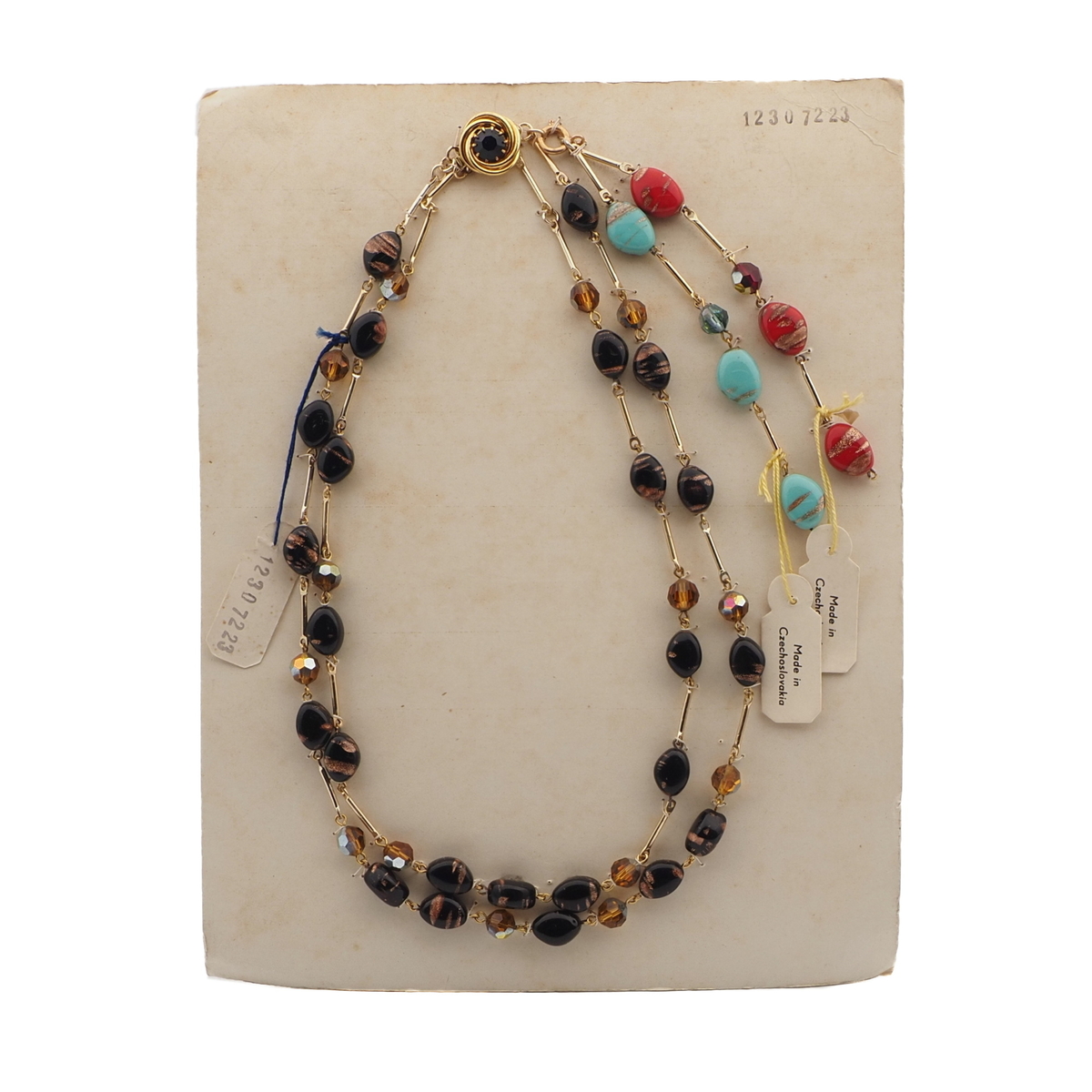 Vintage Czech 2 strand sample necklace aventurine gold topaz glass beads 