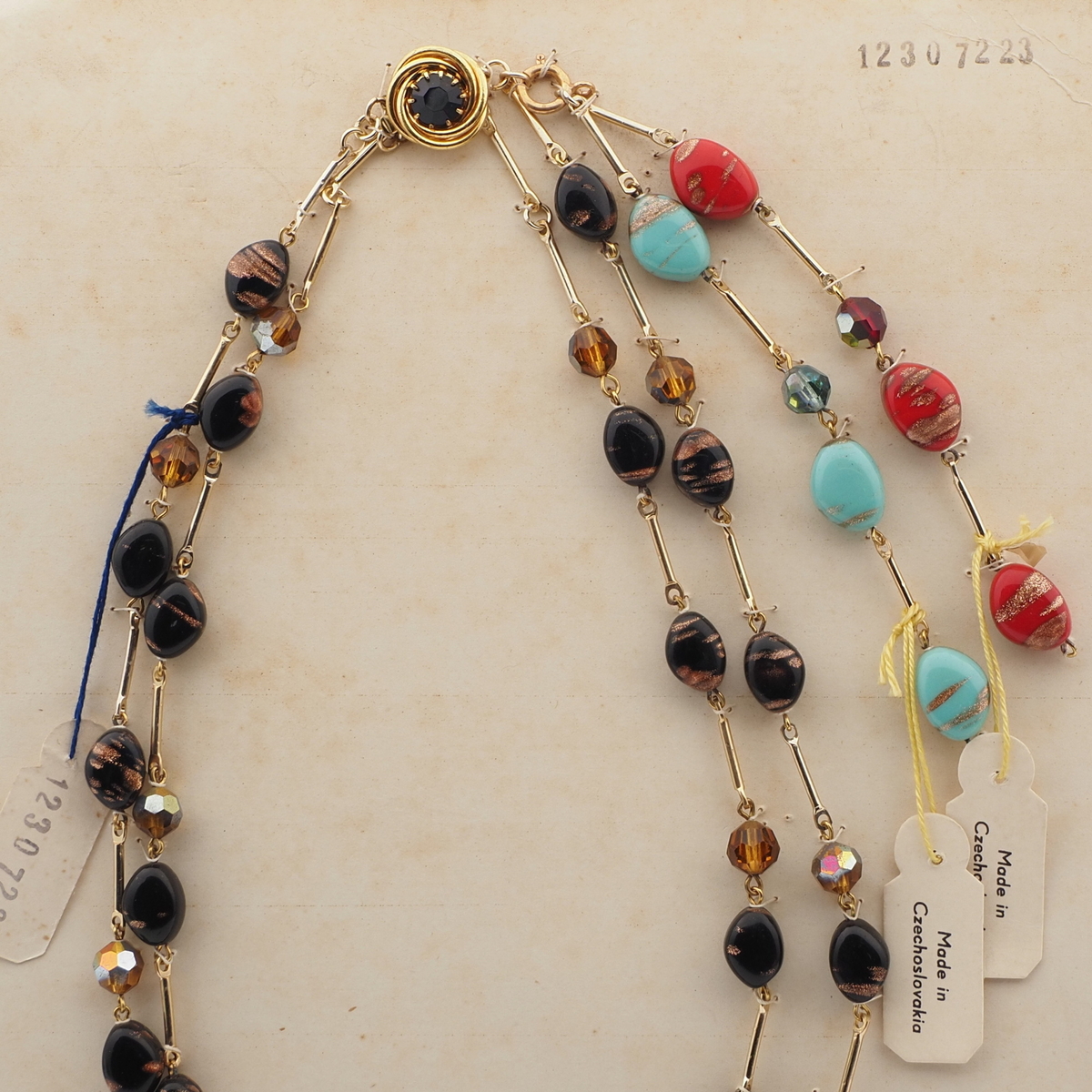 Vintage Czech 2 strand sample necklace aventurine gold topaz glass beads 