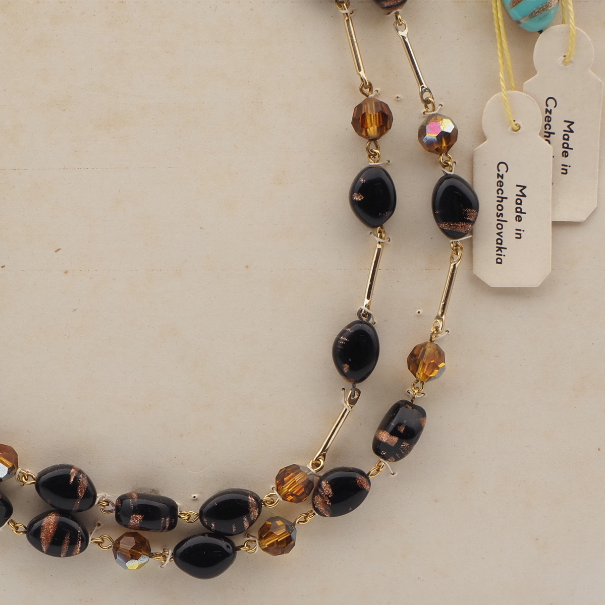 Vintage Czech 2 strand sample necklace aventurine gold topaz glass beads 