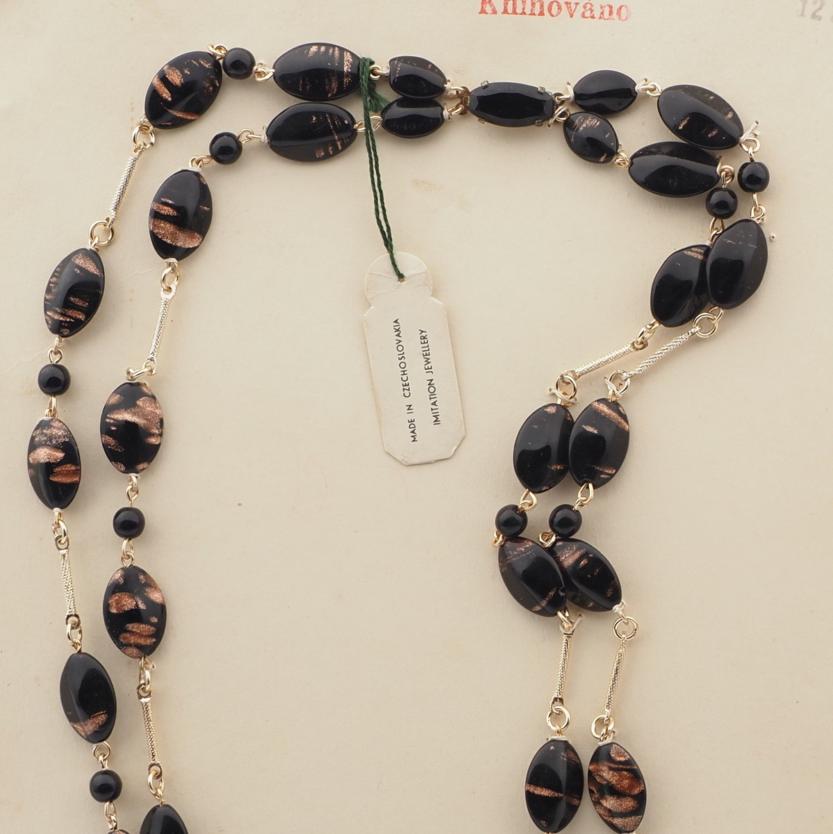 Vintage Czech 2 strand necklace aventurine gold black glass beads 