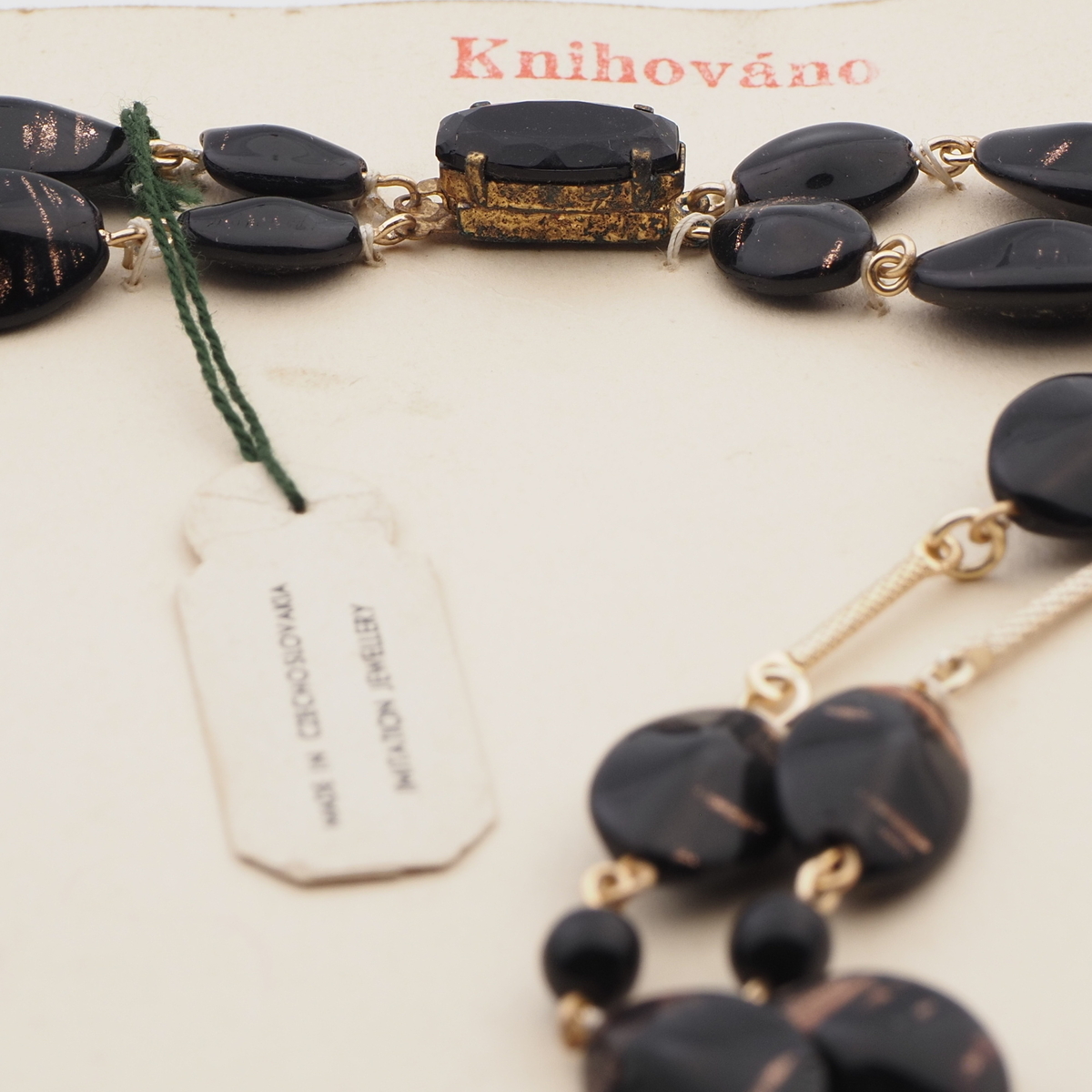 Vintage Czech 2 strand necklace aventurine gold black glass beads 