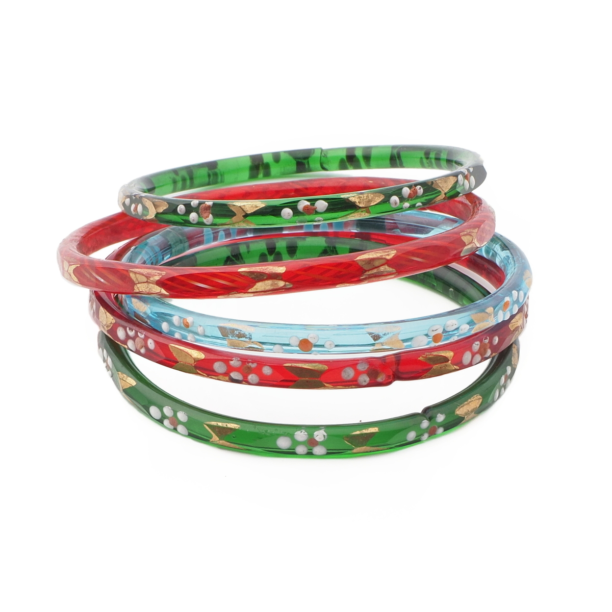 Lot (5) Antique Czech gold gilt enamel green blue red faceted glass bangles