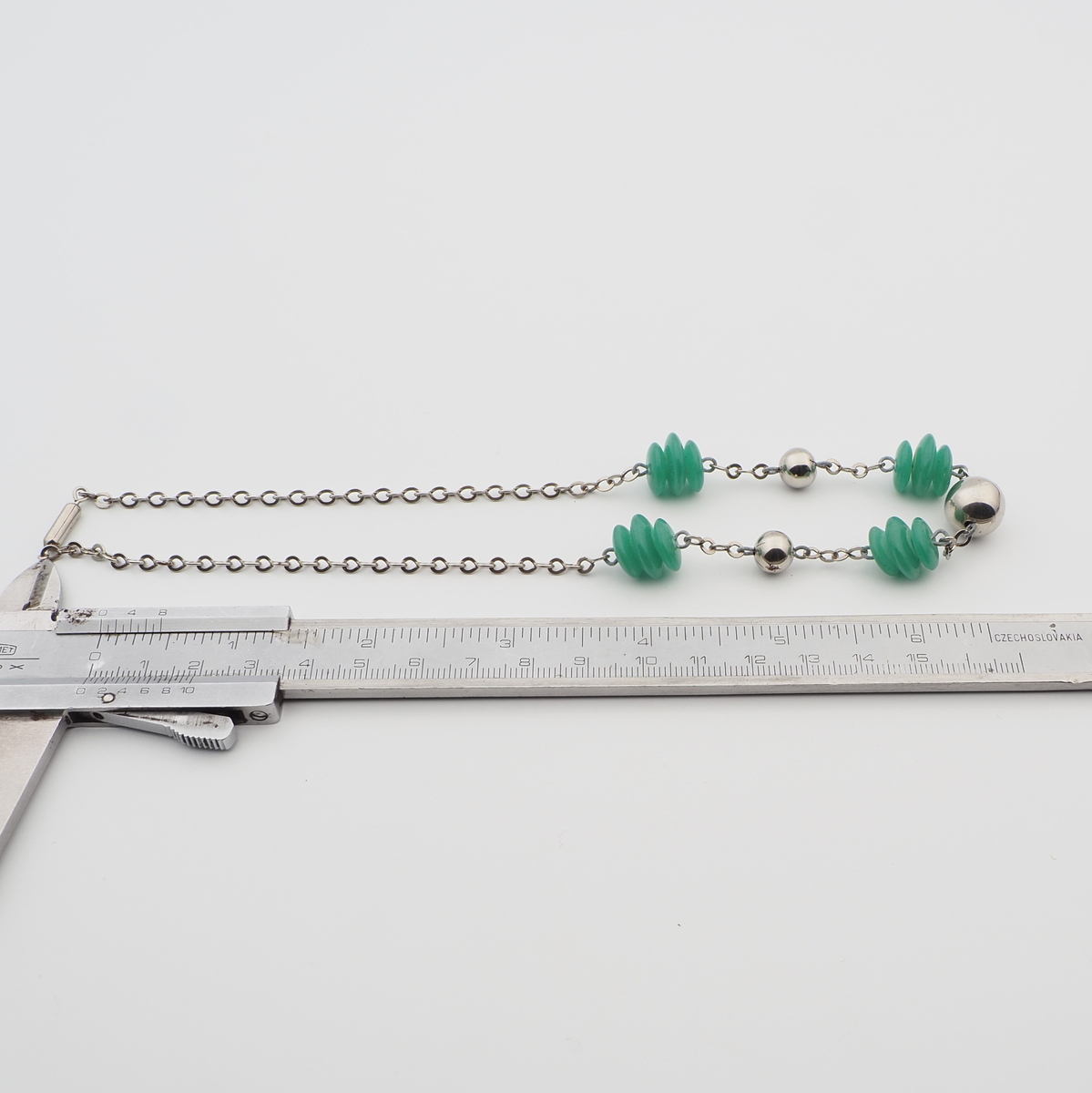 Vintage Deco necklace Czech chrysoprase opaline green Uranium glass beads chrome ball beads