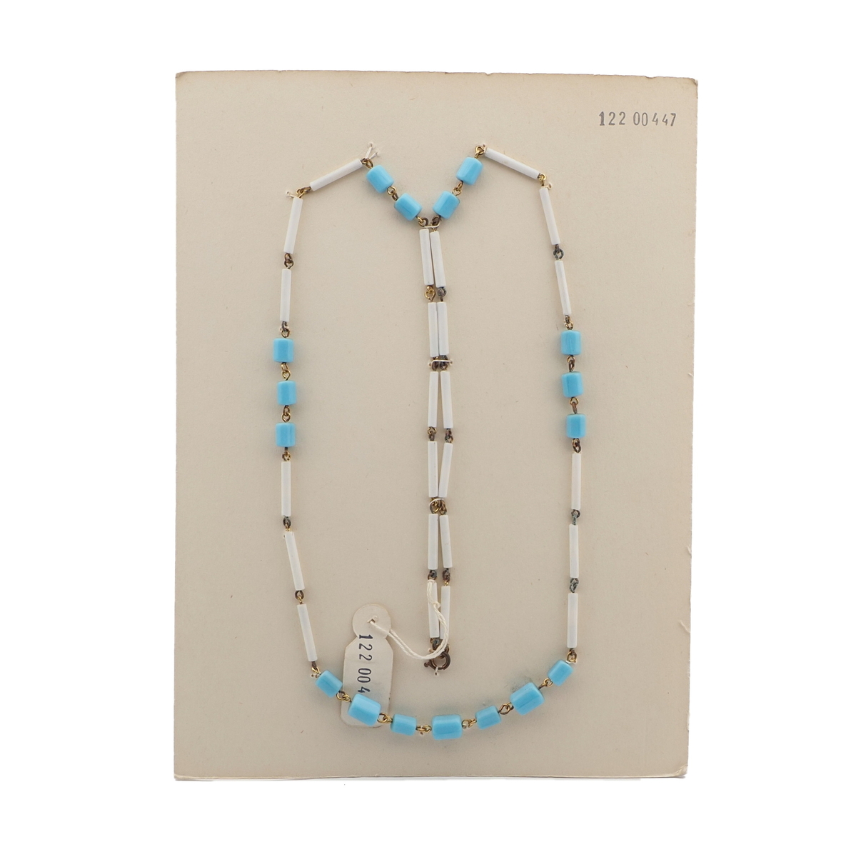 Vintage Czech link necklace blue white bugle glass beads 