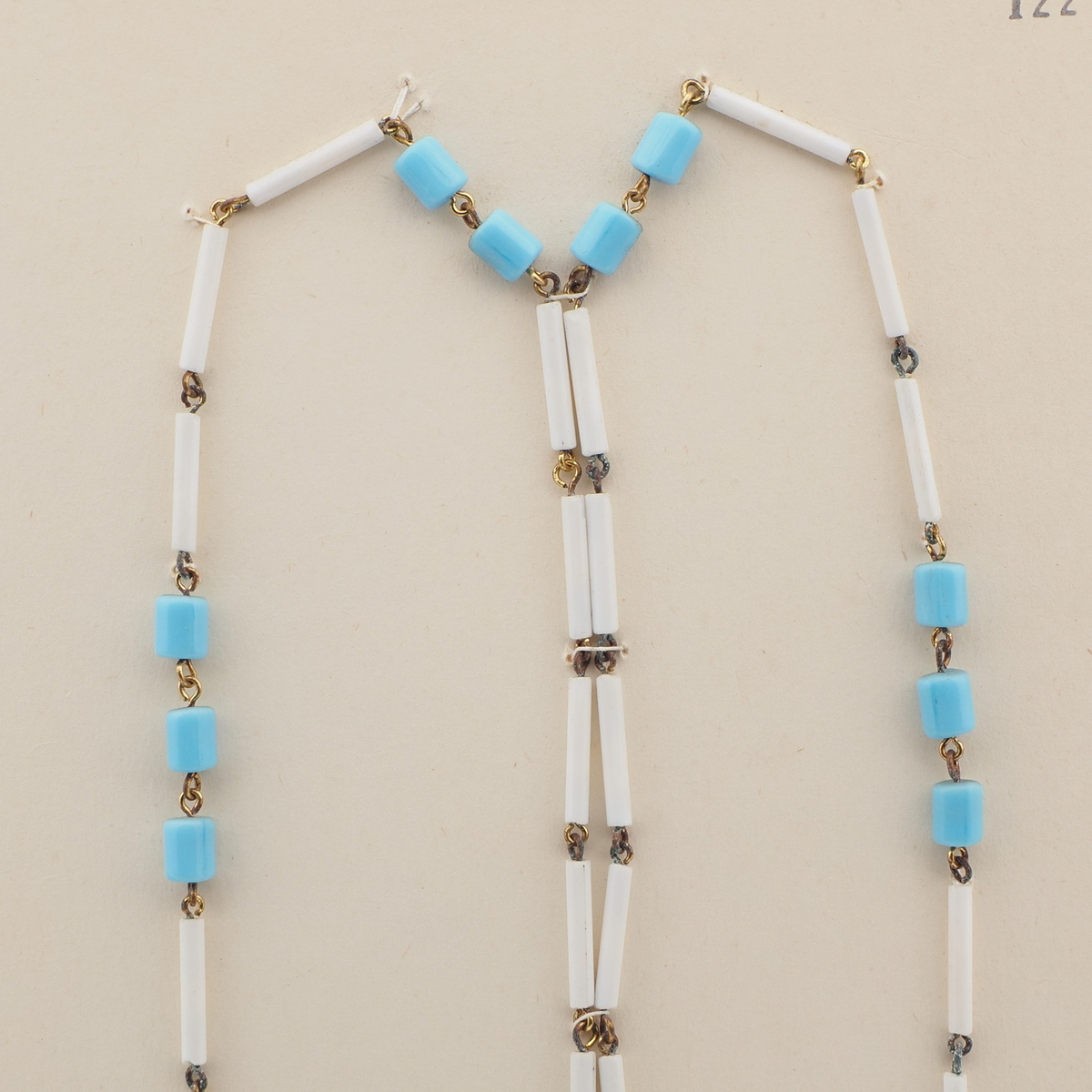 Vintage Czech link necklace blue white bugle glass beads 