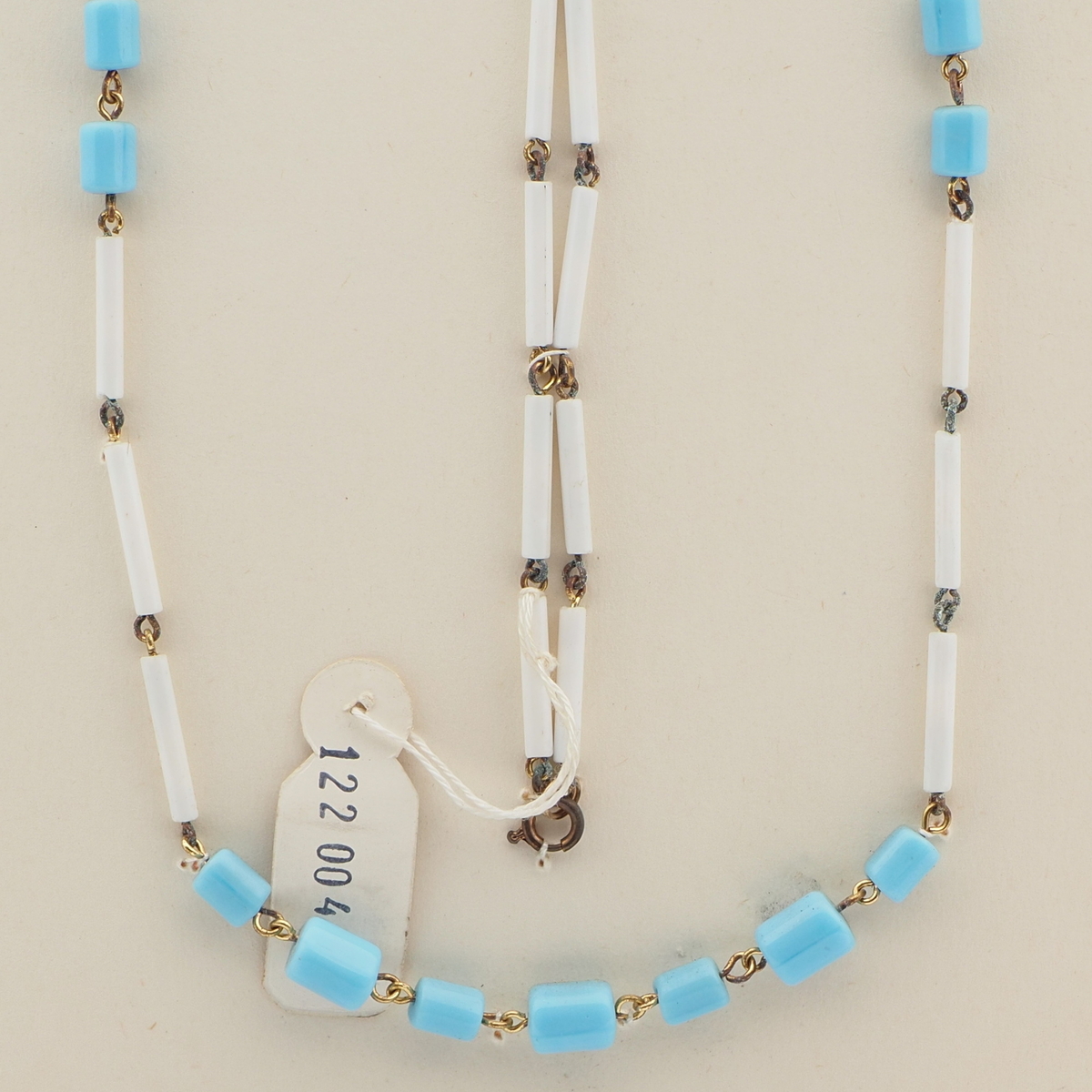 Vintage Czech link necklace blue white bugle glass beads 
