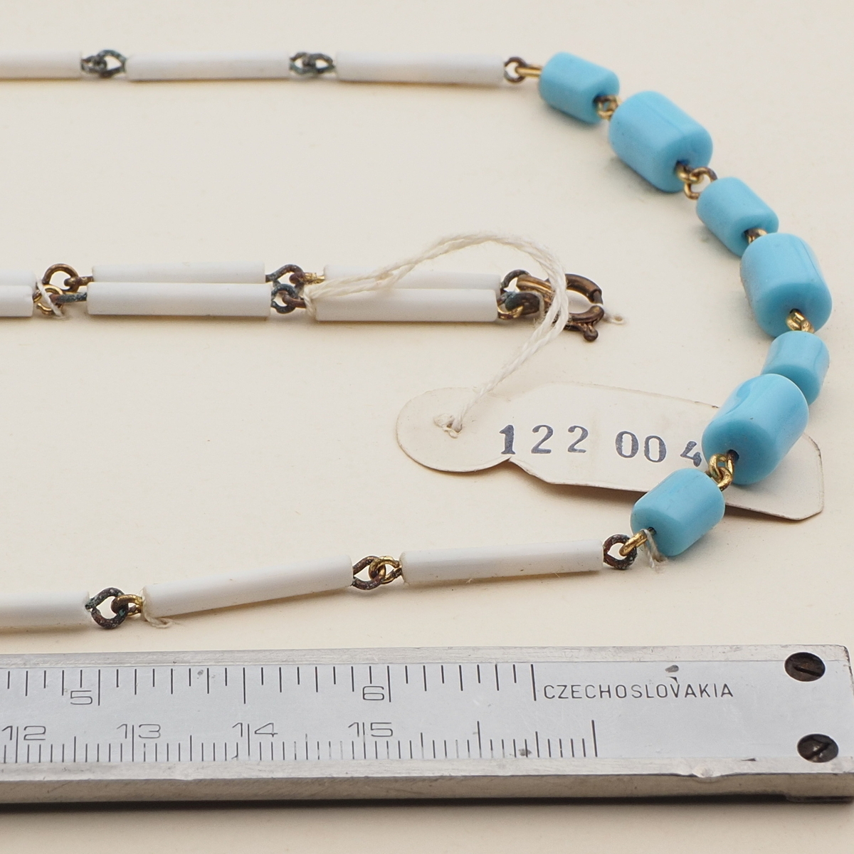 Vintage Czech link necklace blue white bugle glass beads 