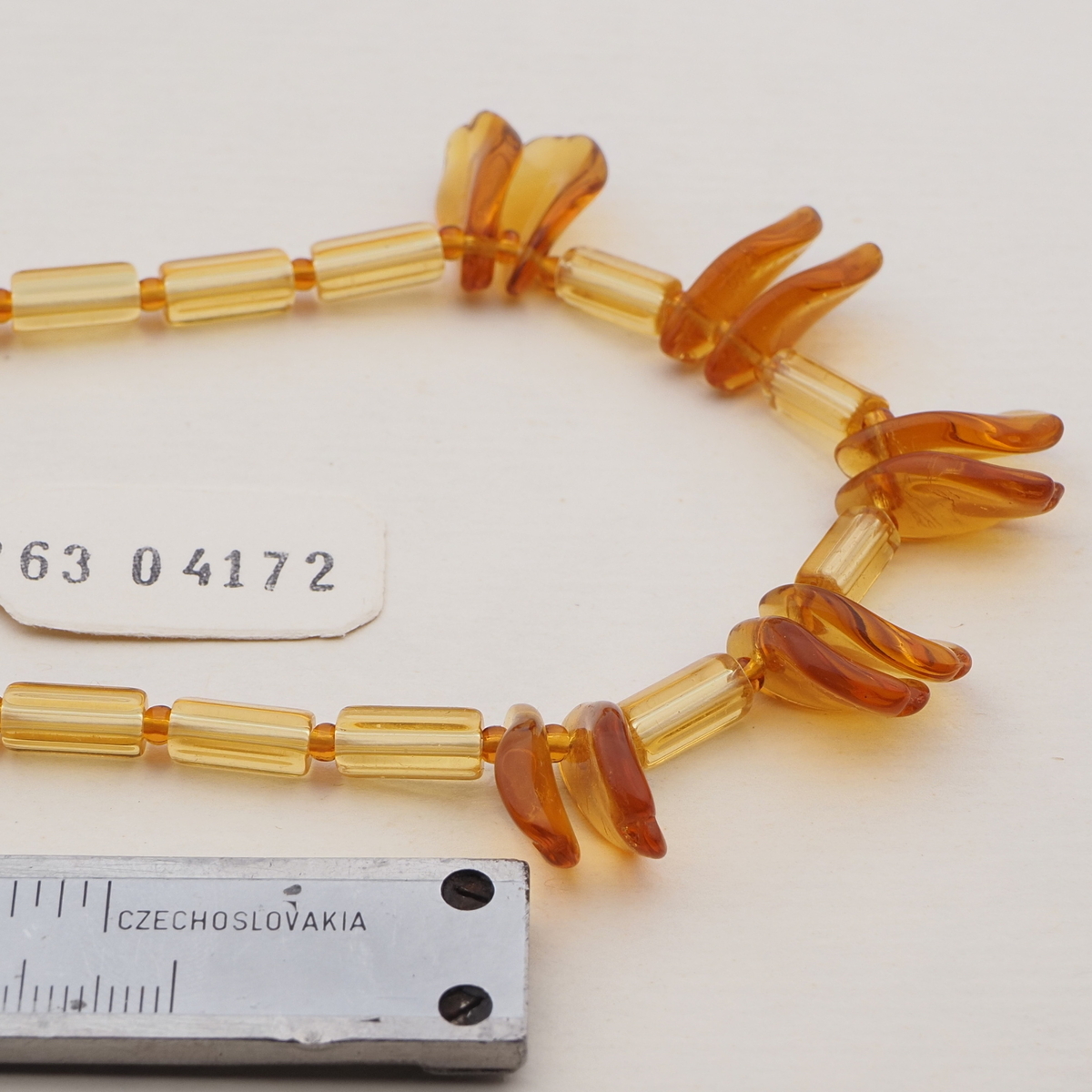 Vintage Czech necklace topaz bugle leaf glass beads 