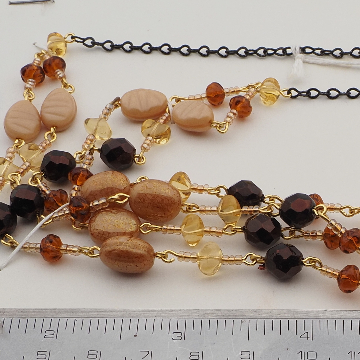 Vintage Czech 2 strand tassle necklace beige satin marble lustre glass beads