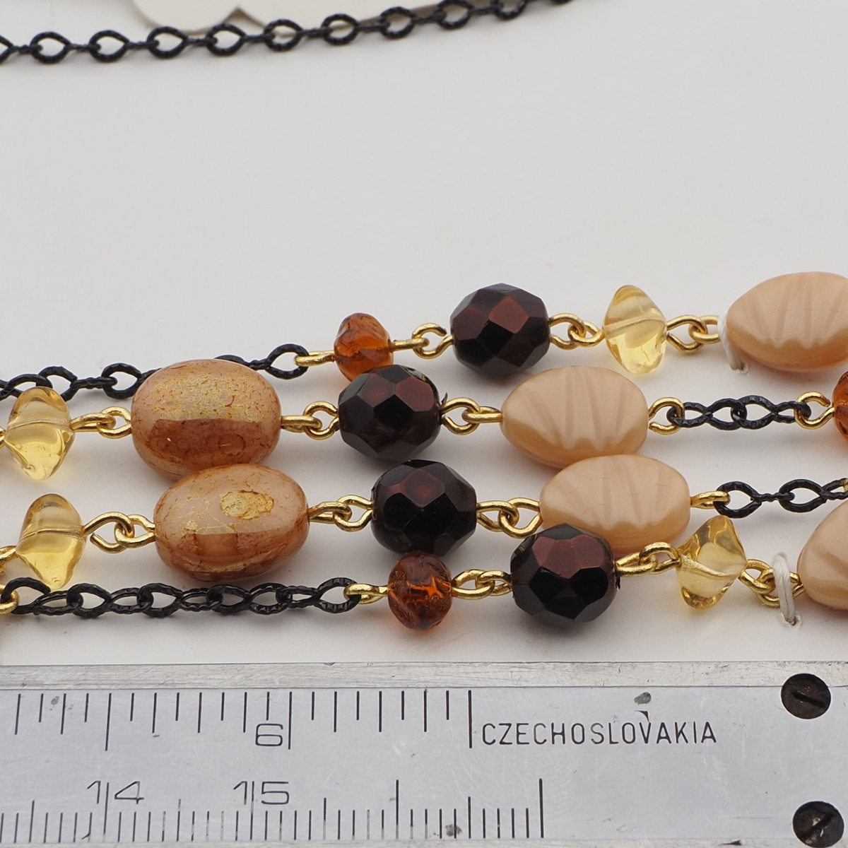 Vintage Czech 2 strand tassle necklace beige satin marble lustre glass beads