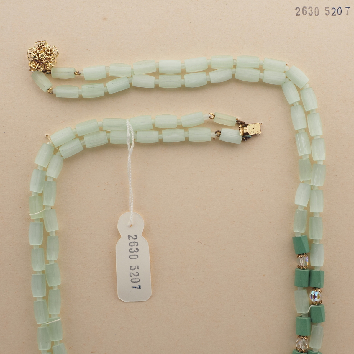 Long 40" vintage Czech necklace green satin atlas AB faceted glass beads 