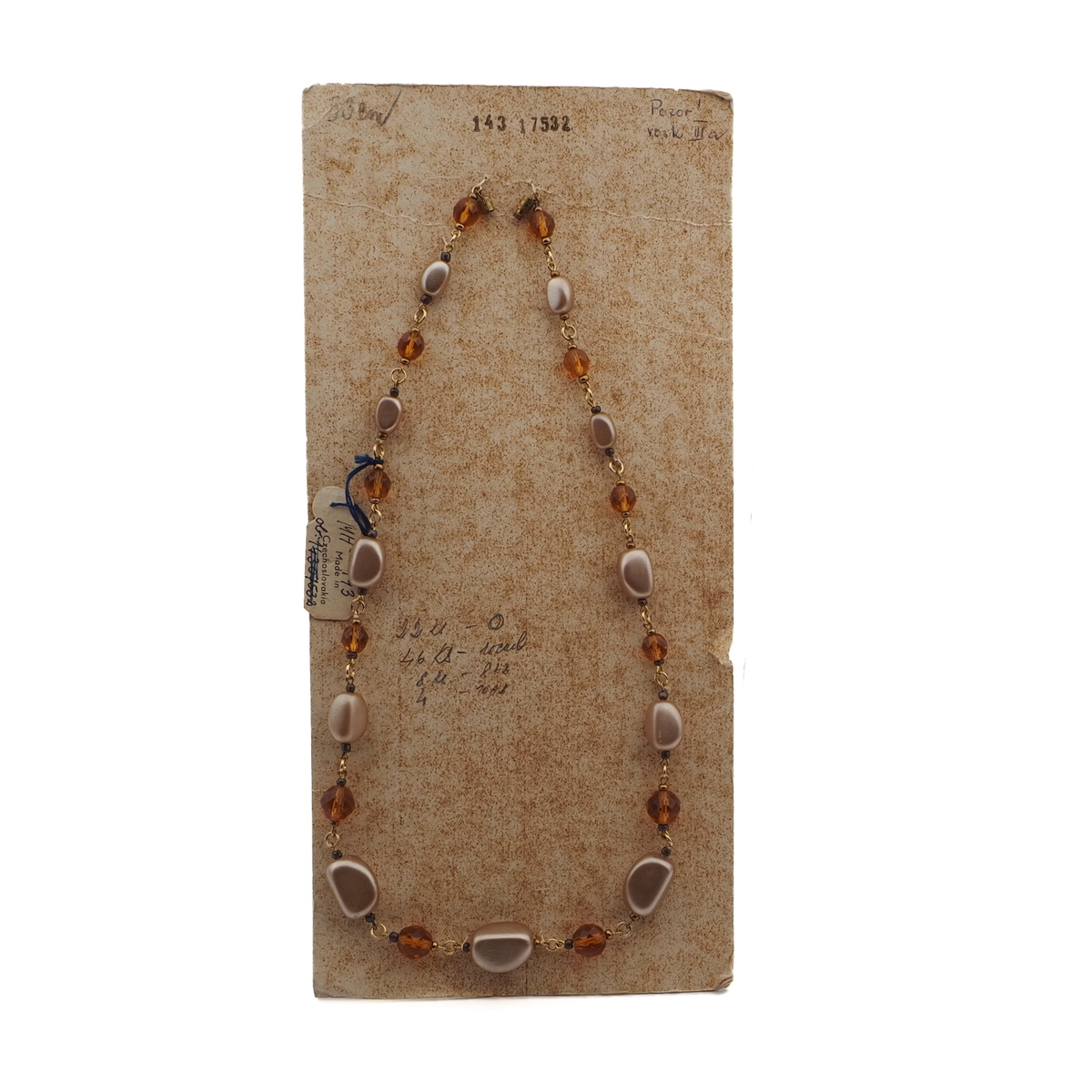 Vintage Czech link necklace topaz pearl glass beads 