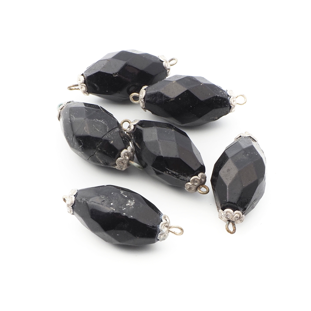 Lot (6) antique Victorian Czech black oval connector glass beads 24mm
