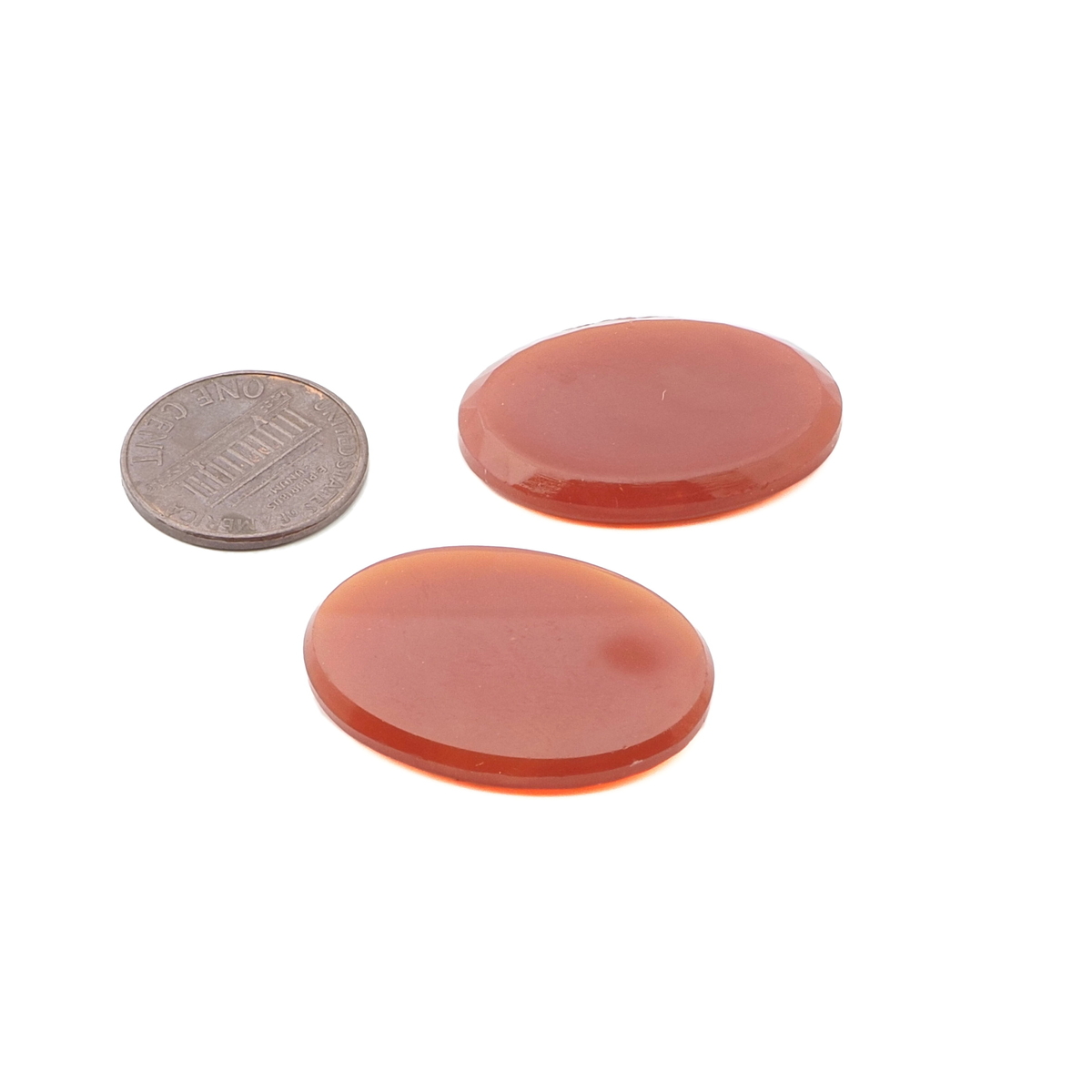 Lot (2) large Czech vintage carnelian red oval lozenge glass cabochons 30x22mm